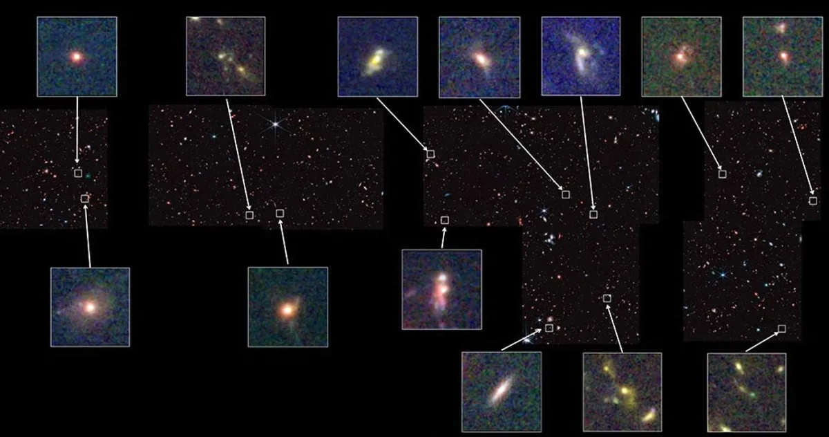 Imagini ale 850 de galaxii din universul timpuriu, cu vârste cuprinse între 11 și 13 miliarde de ani, care au fost realizate de telescopul spațial James Webb.
