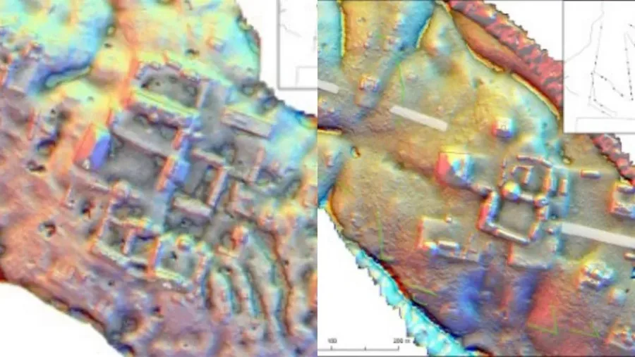 Două imagini lidar ale principalelor centre ceremoniale maya, cu o piață înconjurată de case și terenuri agricole.