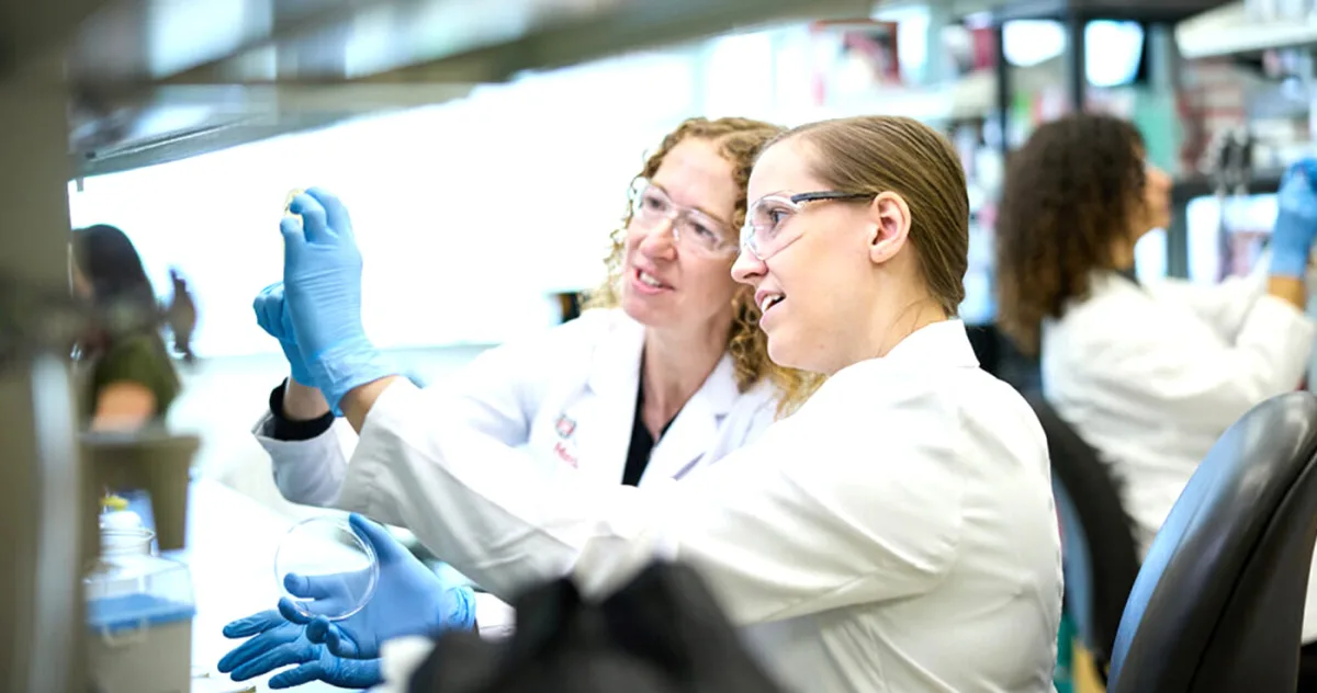 Christina Stallings, doctor (stânga), lucrează împreună cu Abigail Garrett, doctor și cercetător asociat postdoctoral. În laboratorul Stallings, cercetătorii caută modalități prin care M. tuberculosis se apără împotriva sistemului imunitar și supraviețuiește tratamentului cu antibiotice.