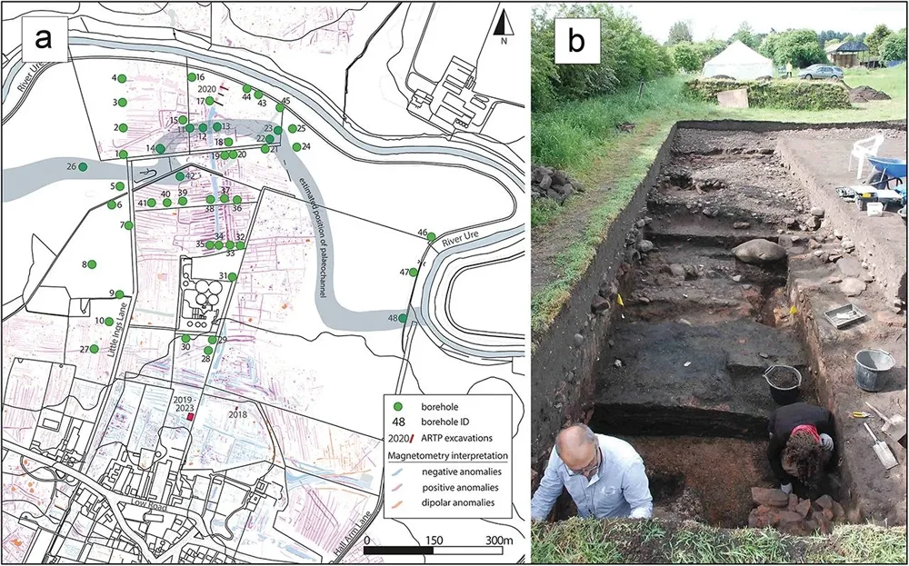 a) Planul care prezintă caracteristicile detectate prin studii geofizice și amplasarea forajelor și săpăturilor efectuate la Aldborough; b) complexul roman de prelucrare a metalelor în curs de excavare în 2021 (figură realizată de R Ferraby și M.J. Millett).