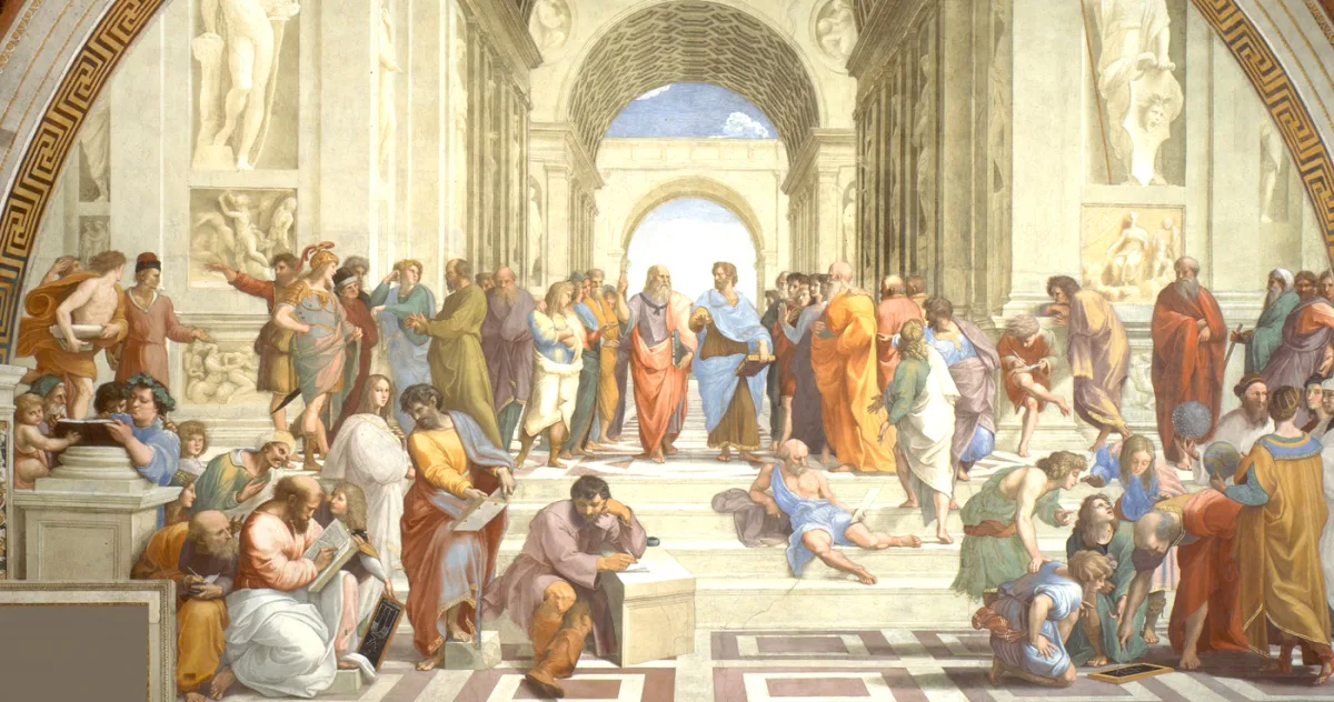 „Școala din Atena” – Frescă realizată de Rafael, reprezentând Academia lui Platon din Atena. În centru îi putem vedea pe Platon și Aristotel, discutând. Fresca decorează acum camerele cunoscute sub numele de Stanze di Raffaello, din Palatul Apostolic din Vatican.