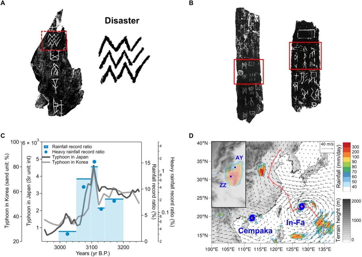 (A) Oase oraculare antice, (B) inscripții legate de climă, (C) date privind precipitațiile și taifunurile. Sursa: Science Advances