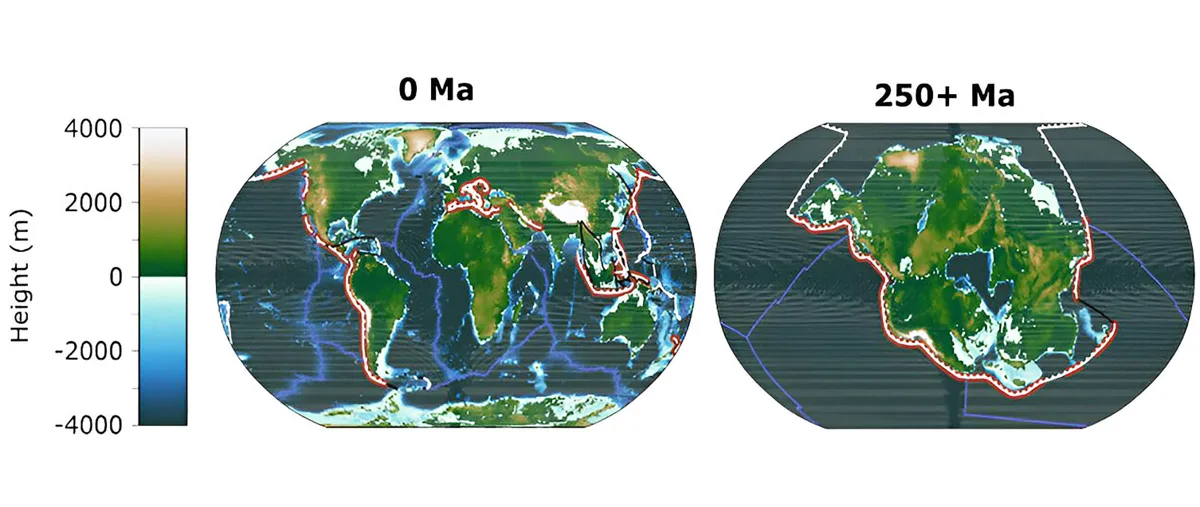 configurația geografică actuală a Pământului și cea prevăzută pentru peste 250 de milioane de ani