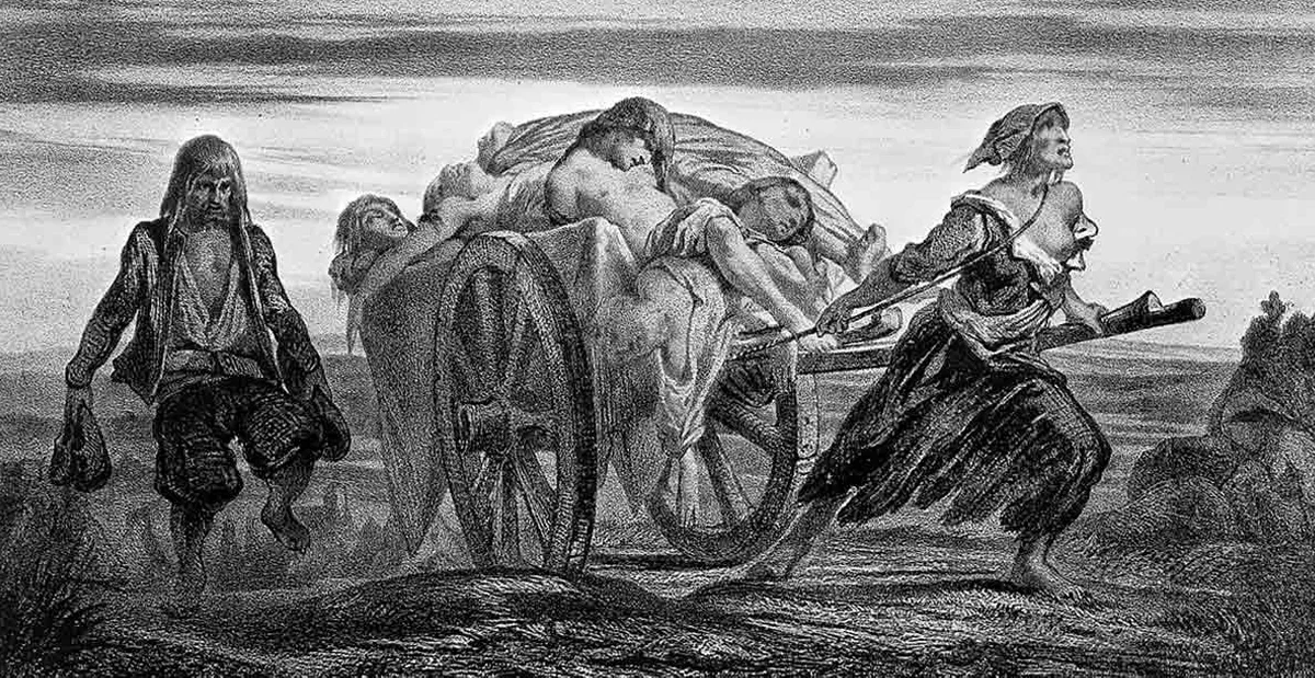 O căruță cu victime ale ciumei la Elliant, trasă de o femeie îmbrăcată în zdrențe, de Jean-Pierre Moynet, după Louis Duveau, 1852