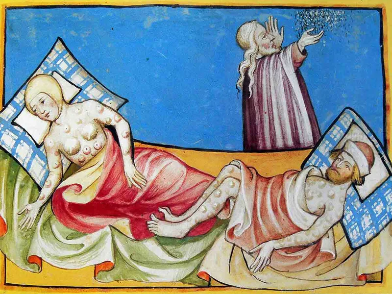 Moise însoțit de două persoane afectate de ciuma biblică a furunculelor, descrisă în Cartea Ieșirii, din Biblia de la Toggenburg, 1411