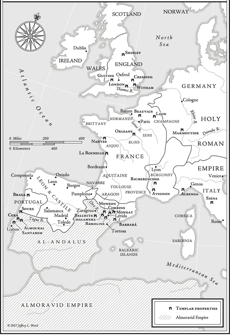 Harta care prezintă proprietățile templierilor din Europa de Vest, anul. 1147