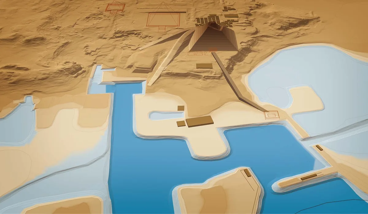 Un model 3D realizat de Rebekah Miracle pe baza unei reconstrucții topografice realizate de Mark Lehner