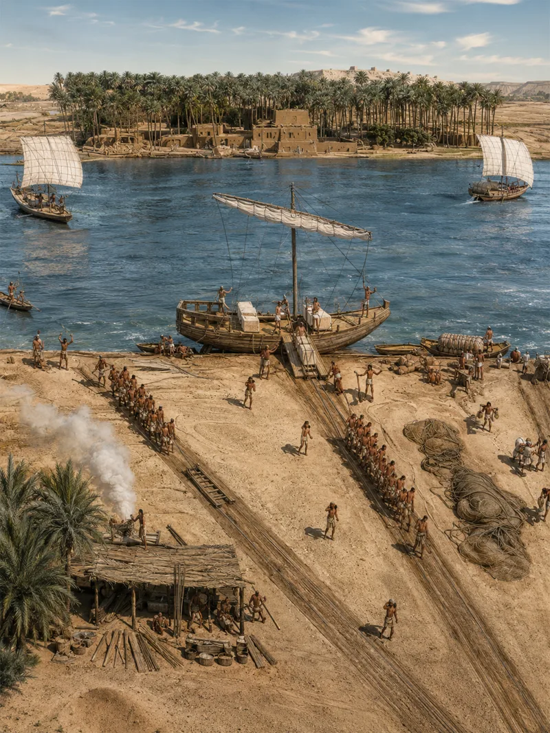 În portul din Giza, muncitorii descărcau blocurile de piatră necesare pentru construirea Marii Piramide