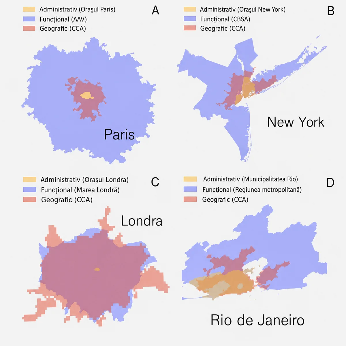 Comparație între definițiile administrative, funcționale și geografice ale orașelor Paris, New York, Londra și Rio de Janeiro