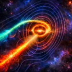 Reprezentarea artistică ilustrează centrul galaxiei Markarian 501, din care izvorăsc două jeturi puternice. Gaura neagră supermasivă din centru, a cărei existență era deja cunoscută, curbează parțial lumina provenită de la jetul din spatele ei, formând un așa-numit inel Einstein. Acest jet curbat provine, cel mai probabil, de la o a doua gaură neagră, neobservată. Observațiile radio sunt vizibile sub formă de contururi în fundal