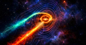 Reprezentarea artistică ilustrează centrul galaxiei Markarian 501, din care izvorăsc două jeturi puternice. Gaura neagră supermasivă din centru, a cărei existență era deja cunoscută, curbează parțial lumina provenită de la jetul din spatele ei, formând un așa-numit inel Einstein. Acest jet curbat provine, cel mai probabil, de la o a doua gaură neagră, neobservată. Observațiile radio sunt vizibile sub formă de contururi în fundal