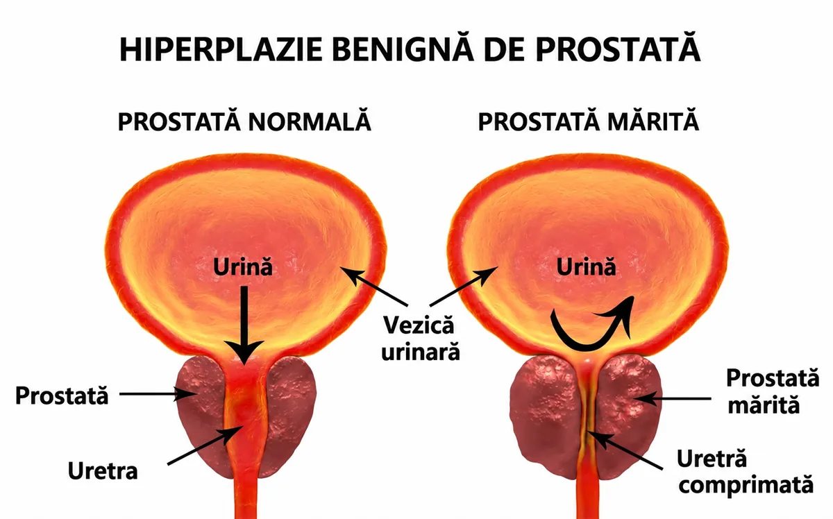 Hiperplazia benignă de prostată, ilustrație 3D care prezintă glanda prostatică în stare normală și mărită