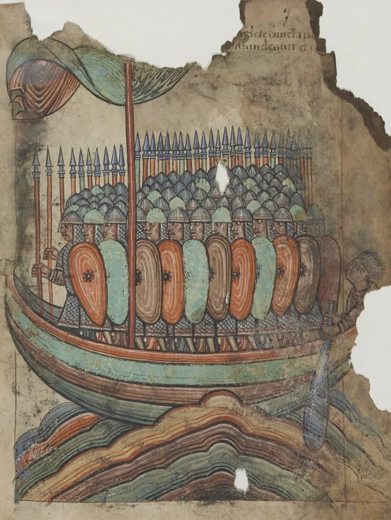 Reprezentare a vikingilor navigând cu o corabie lungă, datând din jurul anului 1100